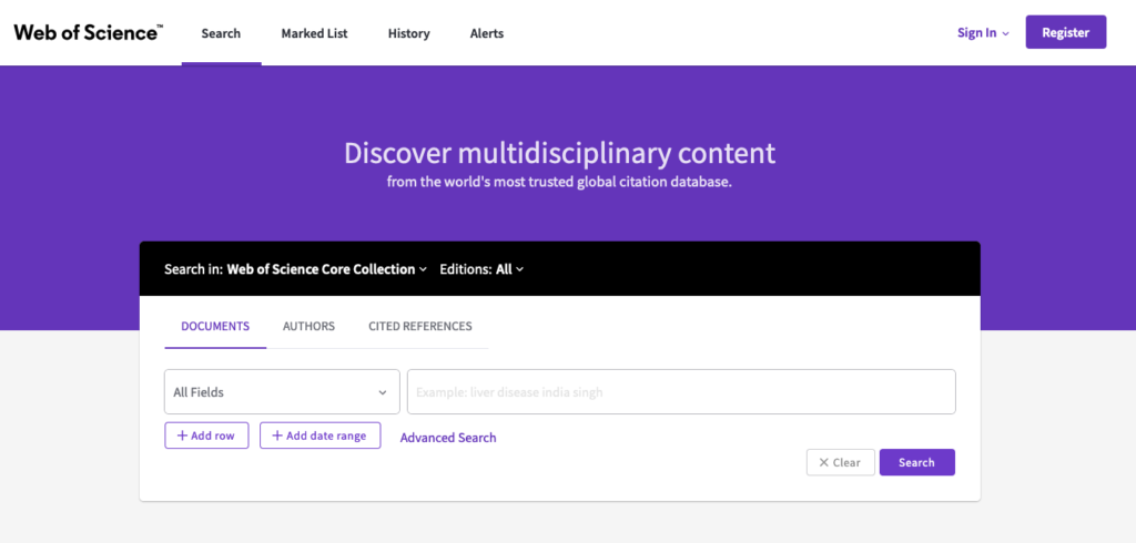 Web of Science home page and document search screen shot on new platform